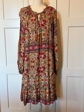 Vibrant Boho Floral Tassel Midi Dress Long Sleeve Pockets Mustard Red Size M
